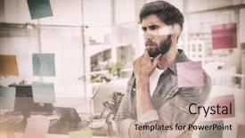  Presentation with wall - Cool new theme with inquisitive - puzzled businessman looking post its backdrop and a mint green colored foreground