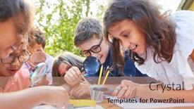  Presentation with look - Audience pleasing PPT layouts consisting of inquisitive-children-look-at-leaf backdrop and a coral colored foreground