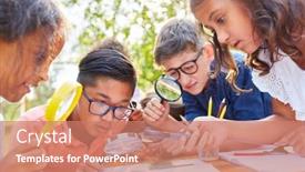  Presentation with summer camp - PPT theme consisting of inquisitive-children-look-at-leaf background and a coral colored foreground