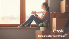  Presentation with new home - Beautiful slides featuring inscription - woman in a new home backdrop and a tawny brown colored foreground