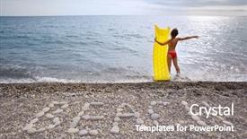  Presentation with mattress - Beautiful PPT layouts featuring inscription from stones beach at stony coast young woman with an inflatable mattress on seacoast backdrop and a gray colored foreground