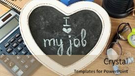  Presentation with job - Colorful presentation design enhanced with inscription on blackboard i love my job on workplace backdrop and a coral colored foreground