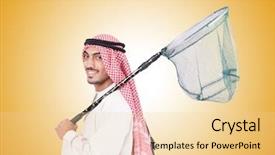  Presentation with insect - Audience pleasing slide set consisting of insect drawing - arab businessman with catching net backdrop and a blonde colored foreground