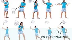  Presentation with insect - Slide set featuring insect drawing - man with big catching net background and a cool aqua colored foreground