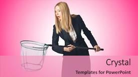  Presentation with net - Cool new slides with insect drawing - woman with net isolated backdrop and a  colored foreground