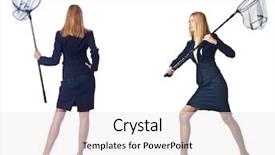  Presentation with white and black woman climbing ladders - Colorful PPT theme enhanced with insect drawing - woman with net isolated backdrop and a  colored foreground