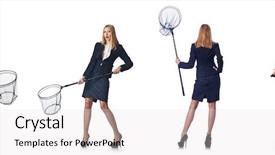  Presentation with net - Colorful PPT layouts enhanced with insect drawing - woman with net isolated backdrop and a  colored foreground