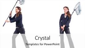  Presentation with net etiquette - Cool new slide set with insect drawing - woman with net isolated backdrop and a  colored foreground