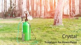  Presentation with sprayer - Beautiful presentation design featuring insecticide equipment agriculture - green sprayer on spring garden backdrop and a yellow colored foreground
