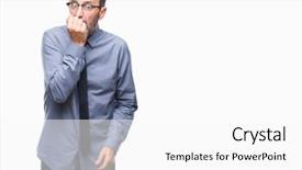  Presentation with anxiety - Slide deck enhanced with insecure manager - middle age hoary senior business background and a white colored foreground