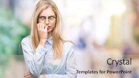  Presentation with anxiety - PPT theme having insecure manager - young beautiful blonde business woman background and a  colored foreground