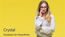  Presentation with anxiety - Beautiful presentation design featuring insecure manager - young beautiful blonde business woman backdrop and a  colored foreground