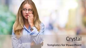  Presentation with anxiety - Cool new PPT theme with insecure manager - young beautiful blonde business woman backdrop and a  colored foreground