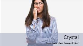  Presentation with beautiful hispanic woman - Audience pleasing PPT theme consisting of insecure manager - young beautiful hispanic business woman backdrop and a light blue colored foreground