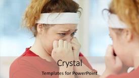  Presentation with woman crying - PPT layouts with insecurity - portrait of young overweight woman background and a coral colored foreground