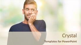  Presentation with stress and anxiety - Colorful slides enhanced with insecurity - young handsome man wearing winter backdrop and a cream colored foreground