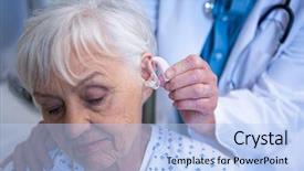  Presentation with hearing aid - Slides with insert - doctor inserting hearing aid background and a  colored foreground