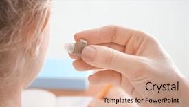  Presentation with hearing aid - Colorful slide deck enhanced with insert - woman inserting hearing aid backdrop and a coral colored foreground