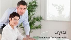  Presentation with secretary - Colorful PPT theme enhanced with inside sales - manager and his secretary posing backdrop and a light gray colored foreground