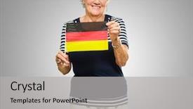  Presentation with germany food rustic - Colorful theme enhanced with insignia - happy senior woman holding germany backdrop and a  colored foreground