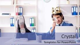  Presentation with office king - PPT theme with insignia - young king businessman working background and a teal colored foreground