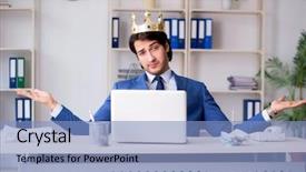  Presentation with office king - Audience pleasing slide set consisting of insignia - young king businessman working backdrop and a light blue colored foreground
