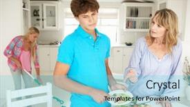  Presentation with teenagers - Slides with teenagers reluctant to do housework background and a cyan colored foreground