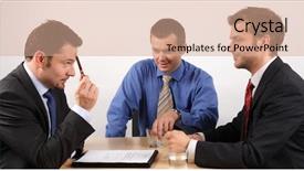  Presentation with negotiating - Audience pleasing theme consisting of three businessmen sitting at a table negotiating and signing a contract backdrop and a coral colored foreground