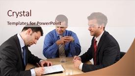  Presentation with negotiating - PPT layouts featuring three businessmen sitting at a table negotiating and signing a contract background and a lemonade colored foreground