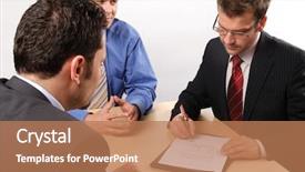  Presentation with negotiating - Cool new slides with three businessmen sitting at a table negotiating and signing a contract backdrop and a coral colored foreground