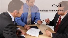  Presentation with negotiating - Colorful PPT theme enhanced with three businessmen sitting at a table negotiating and signing a contract backdrop and a soft green colored foreground