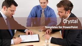  Presentation with negotiating - PPT layouts consisting of three businessmen sitting at a table negotiating and signing a contract background and a tawny brown colored foreground