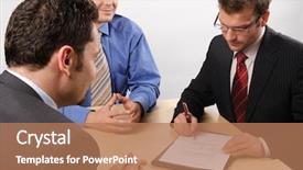  Presentation with negotiating - Presentation theme with three businessmen sitting at a table negotiating and signing a contract background and a coral colored foreground