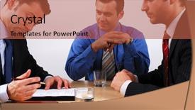  Presentation with negotiating - PPT theme consisting of three businessmen sitting at a table negotiating and signing a contract background and a red colored foreground
