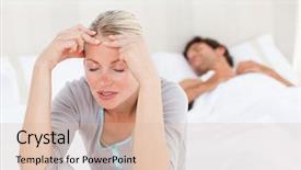 Presentation with headache - Presentation design enhanced with insomni - attractive woman having a headache background and a soft green colored foreground