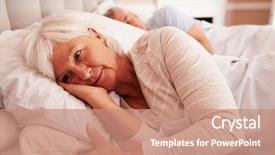  Presentation with worried female chlamydia - Slide deck having worried senior woman lying awake background and a coral colored foreground