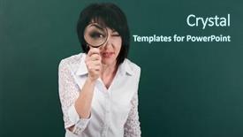  Presentation with eye glass - PPT layouts enhanced with inspect educate - woman looks forward background and a ocean colored foreground