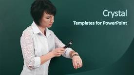  Presentation with blonde holds a magnifying glass - PPT layouts featuring inspect educate - woman looks through a magnifying background and a  colored foreground