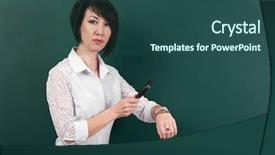  Presentation with magnifying glass - Beautiful presentation design featuring inspect educate - woman looks through a magnifying backdrop and a  colored foreground