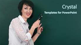  Presentation with magnifying glass - Slide set with inspect educate - woman looks through a magnifying background and a  colored foreground