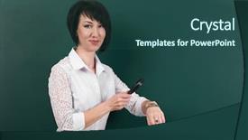  Presentation with magnifying glass - Slide deck having inspect educate - woman looks through a magnifying background and a  colored foreground