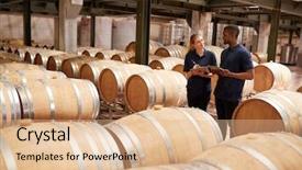  Presentation with barrels - Slides enhanced with inspecting barrels in a wine background and a coral colored foreground