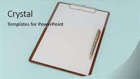  Presentation with pen - Colorful PPT theme enhanced with clip board pen and paper on blue background backdrop and a lemonade colored foreground