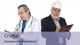  Presentation with hospital safety - Slides having hospital safety inspection - veteran workers with clipboard isolated background and a violet colored foreground