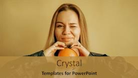  Presentation with food body - Presentation theme featuring inspired-happy-millennial-woman-show background and a gold colored foreground