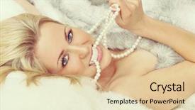  Presentation with pearl - Audience pleasing PPT theme consisting of instagram style beautiful young blond woman in bed wrapped in fake fur and biting a pearl necklace backdrop and a lemonade colored foreground