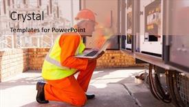  Presentation with transformer - Colorful presentation enhanced with instalaciones electricas - successful mid age electrician kneeing backdrop and a coral colored foreground