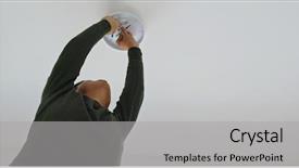  Presentation with asian nurse helps a man - PPT theme featuring install lamp onto the ceiling background and a light gray colored foreground