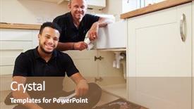  Presentation with homelesness and domestic violence - Slides having installation service - portrait of plumber with apprentice background and a coral colored foreground