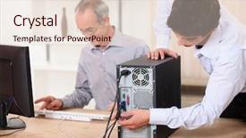  Presentation with computer based test - Slide deck having installation service - young plugging computer background and a lemonade colored foreground